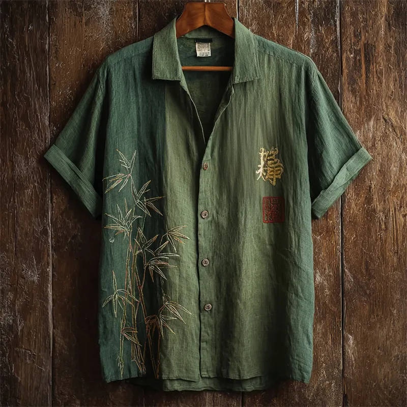 Japanese Bamboo Embroidered Colorblock Linen Shirt - Green