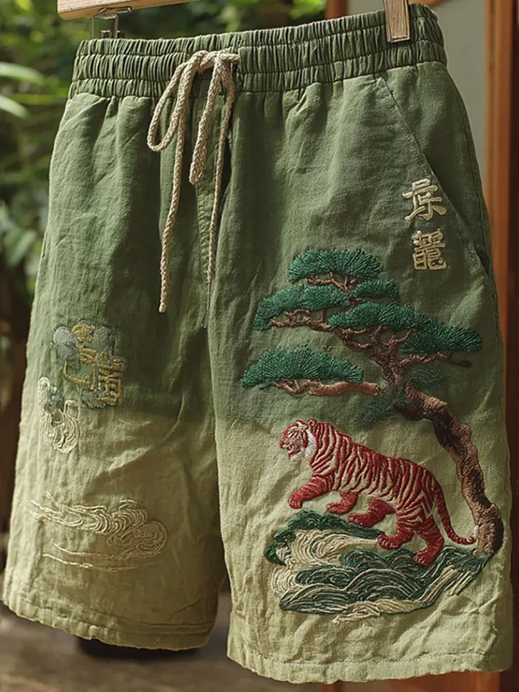 Men's Japanese Tiger Art Contrast Linen Short Pants - Green