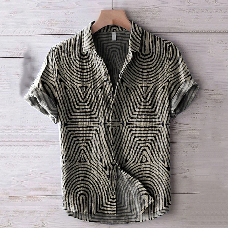 Retro Symmetrical Minimalist Geometric Lines Art Print Casual Cotton Shirt - Khaki