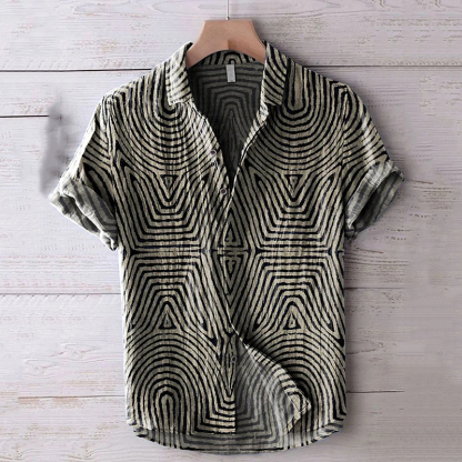 Retro Symmetrical Minimalist Geometric Lines Art Print Casual Cotton Shirt - Khaki
