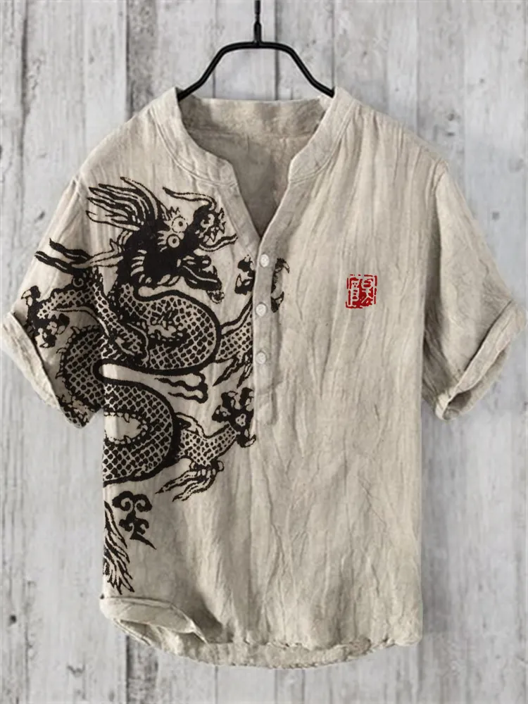 Ancient Dragon Lino Art Linen Blend Shirt - Beige