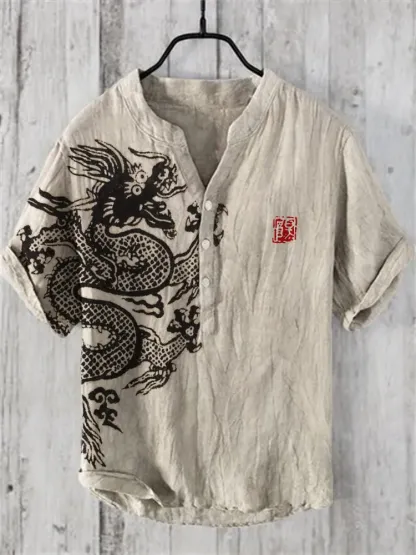 Ancient Dragon Lino Art Linen Blend Shirt - Beige