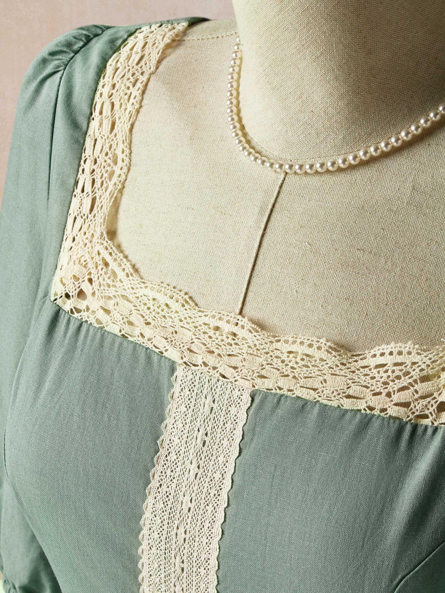 Maxi Linen Dress, 3/4 Sleeves, Square Neck, Lace Up, Linen Blend, Green - Green