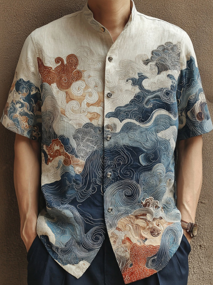 Men's Japanese Art Ocean Pattern Casual Shirt - Blue white