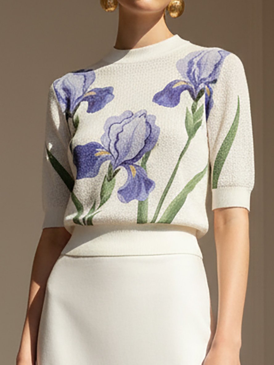 Linen Sweater, Short Sleeves, Round Neck, Floral, Vintage, White - White