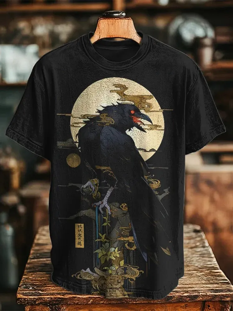 Men's Dark Crow Japanese Illustration Printed Casual T-shirt - Black