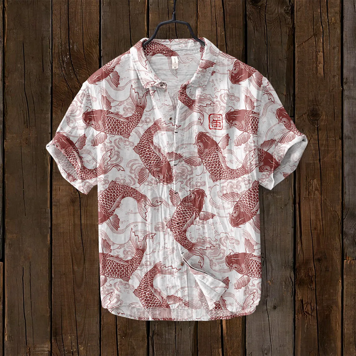Vintage Fish Japanese Art Linen Blend Comfy Shirt - Red