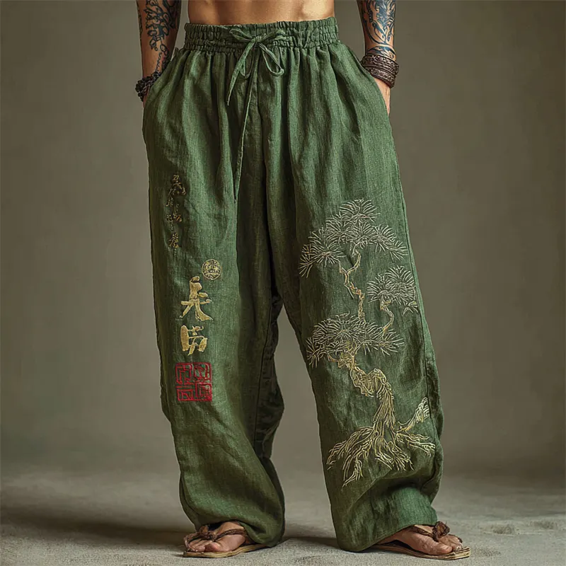 Men's Japanese Pine Tree Embroidered Wide Leg Linen Pants - Green