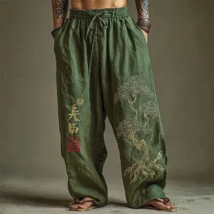 Men's Japanese Pine Tree Embroidered Wide Leg Linen Pants - Green