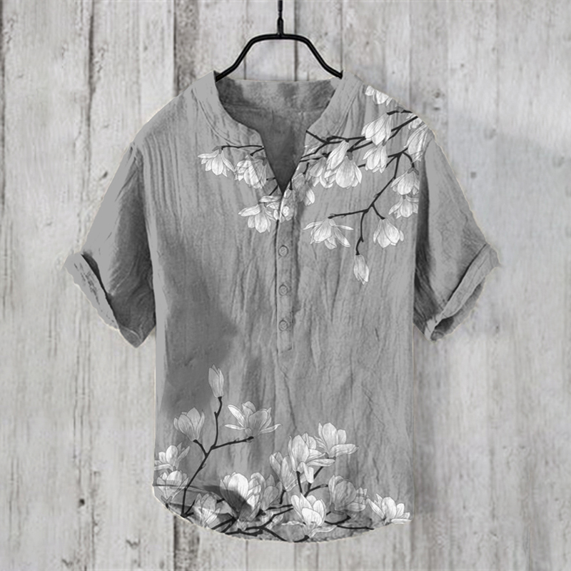 Men's Vintage Japanese Art Magnolia Flower V Neck Casual Linen Blend Shirt - Blue