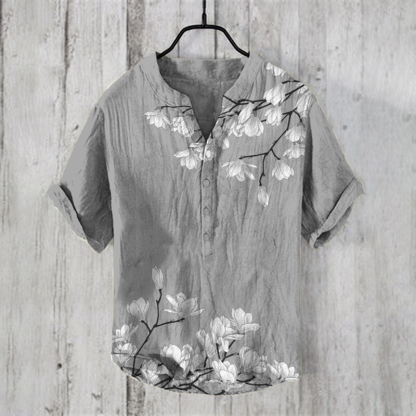 Men's Vintage Japanese Art Magnolia Flower V Neck Casual Linen Blend Shirt - Blue