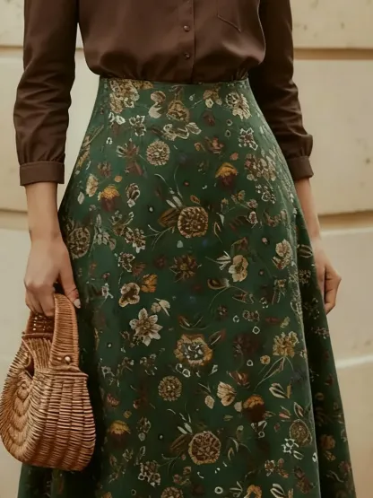 Midi Linen Skirt, loral, Pocket Design, Vintage, Green - Green