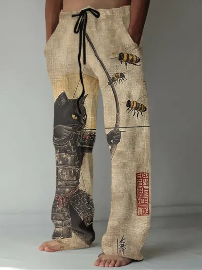 Men's Black Cat Tribal Warrior Japanese Kyudo Print Linen Pants - Khaki