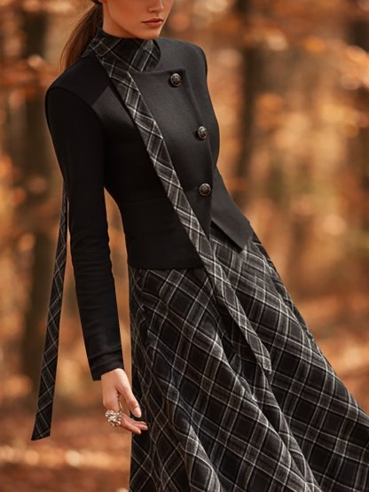 Wool Jacket, Long Sleeves, Round Neck, Plain, Button Design, Vintage, Black - Black