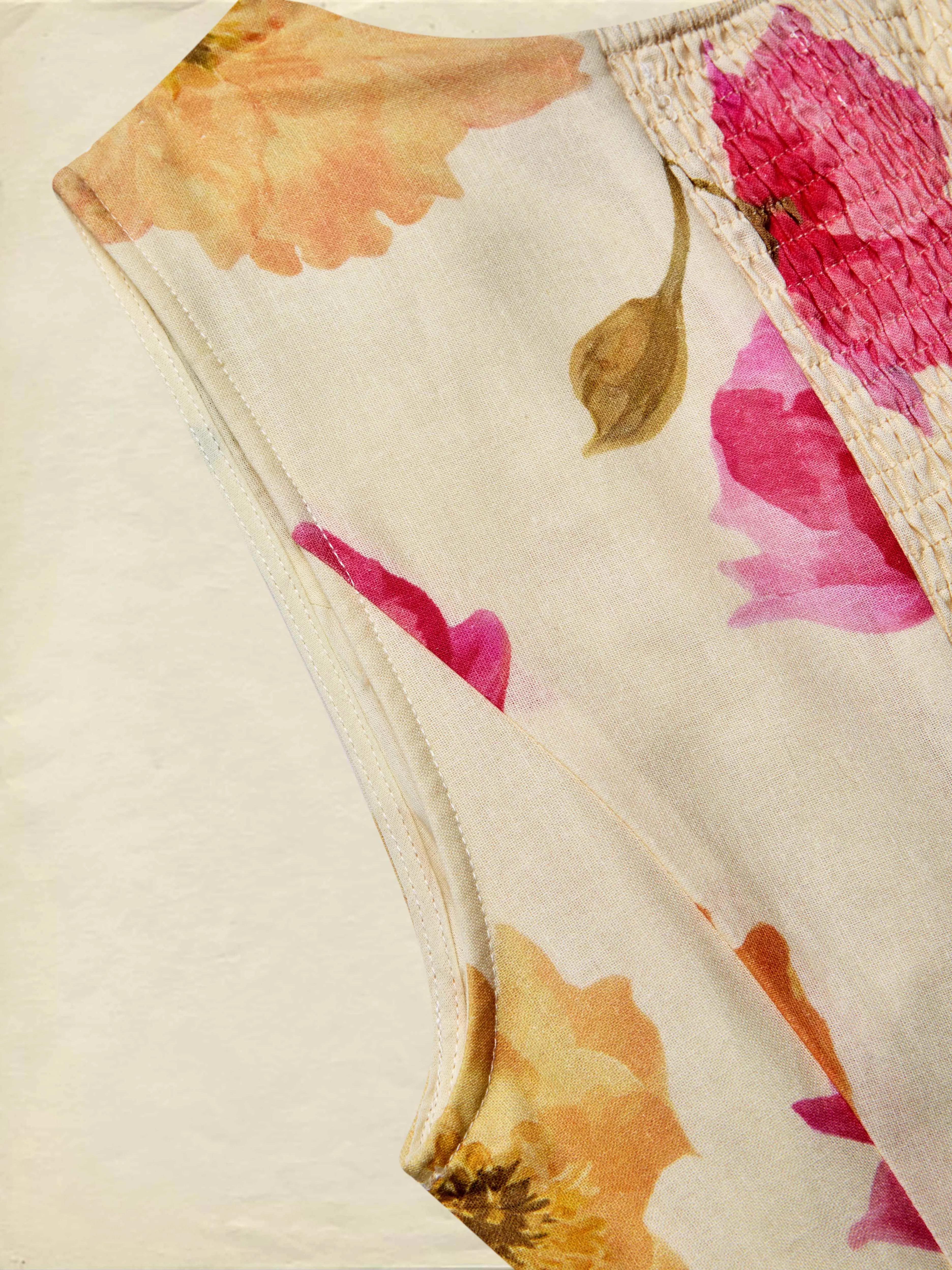 Maxi Cotton Dress, Sleeveless, V Neck, Floral, Belt Design, Vacation, Vintage, Apricot - Apricot