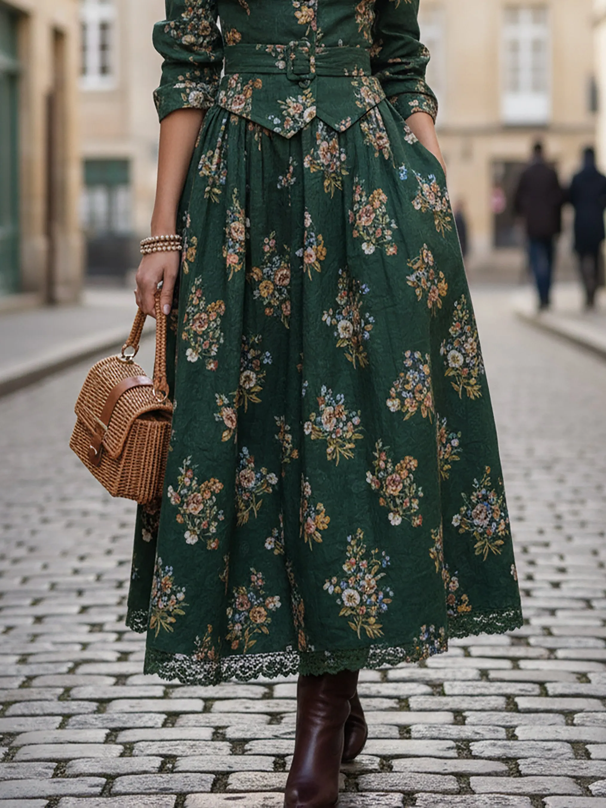 Maxi Linen Skirt, Floral, Pocket Design, Vintage, Green - Green