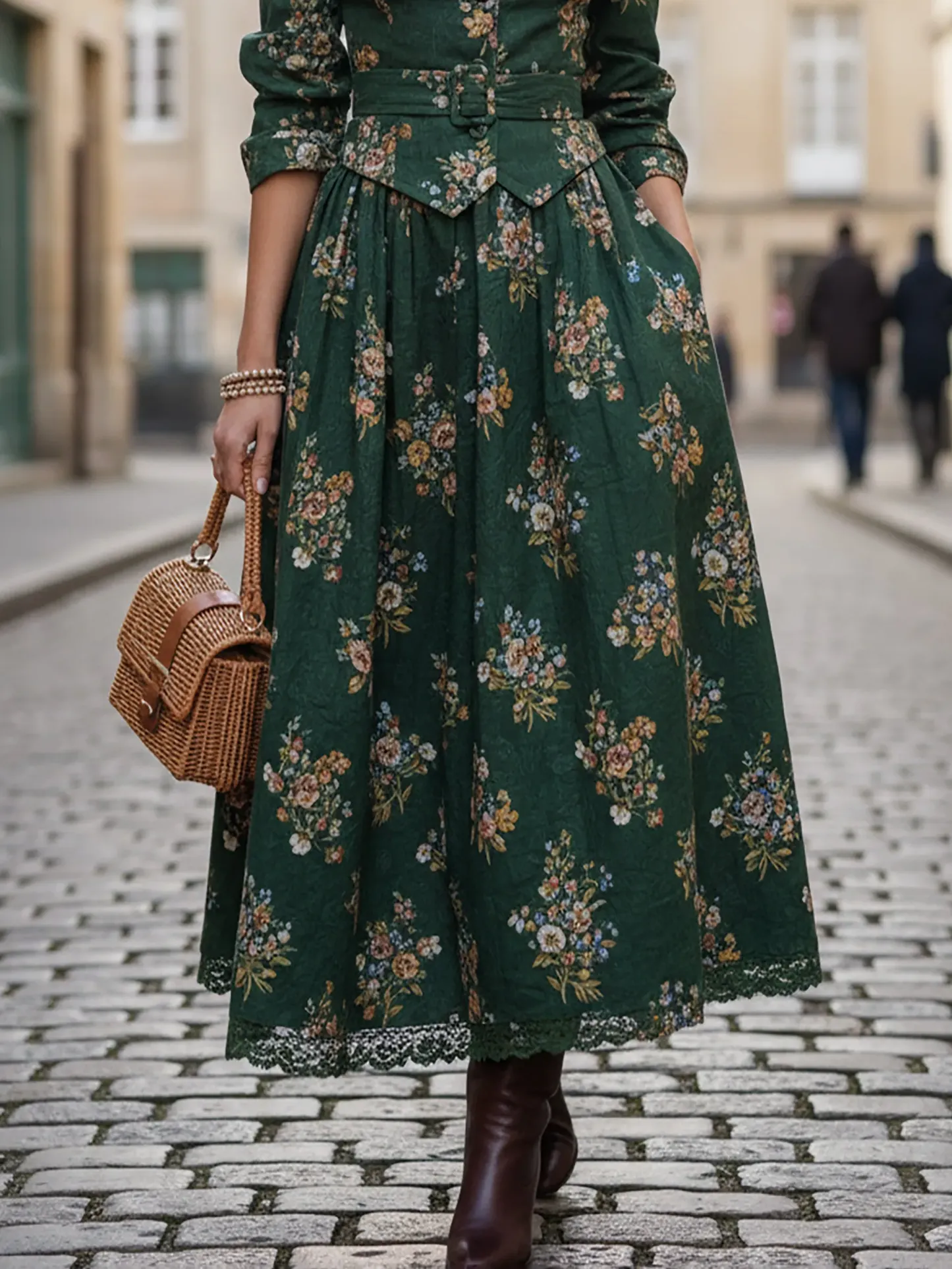 Maxi Linen Skirt, Floral, Pocket Design, Vintage, Green - Green