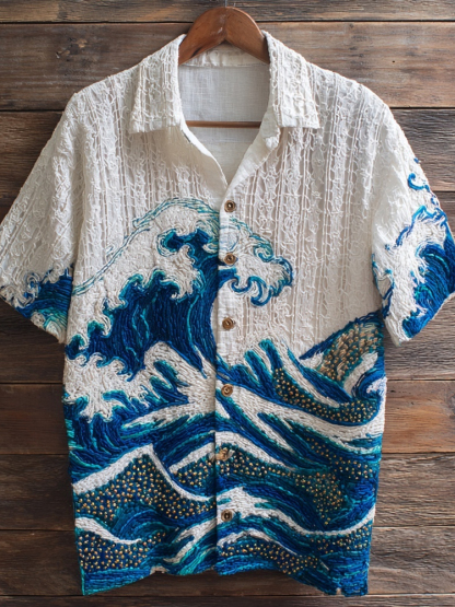Vintage Ocean Waves Embroidered Comfy Linen Shirt - White