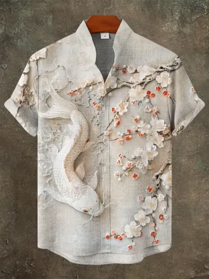 Japanese 3d Carp & Flower Men's Linen Short Sleeve Shirt - Beige