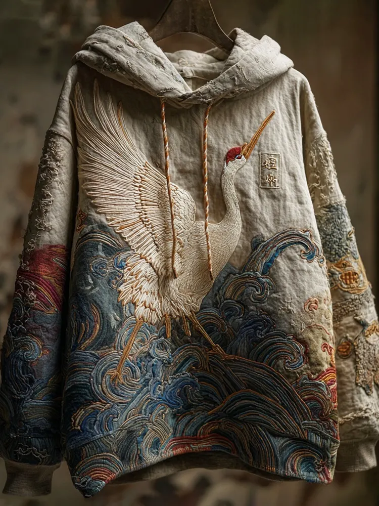Japanese Crane Art Men's Vintage Hoodie - Beige