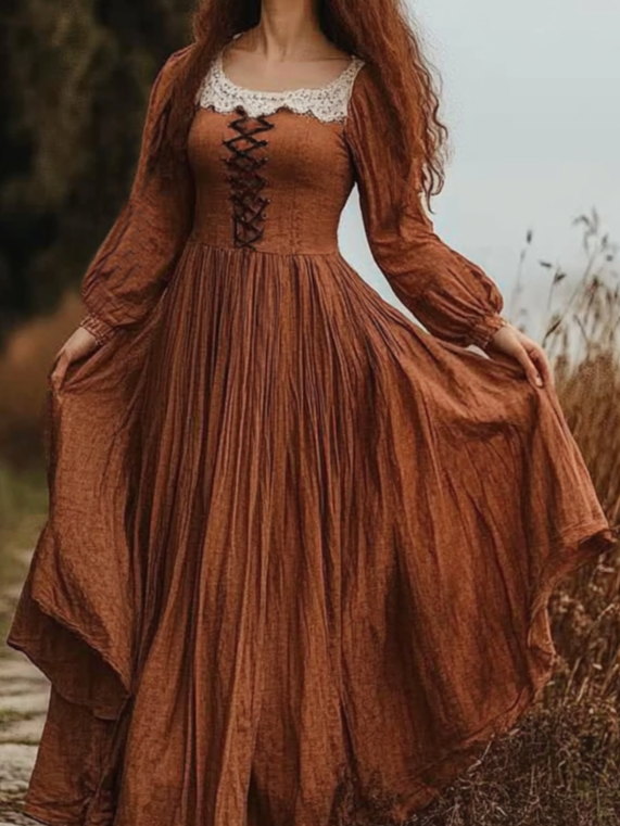 Maxi Cotton Dress, Long Sleeves, Square Neck,  Princess Line, Linen Blend, Orange - Orange