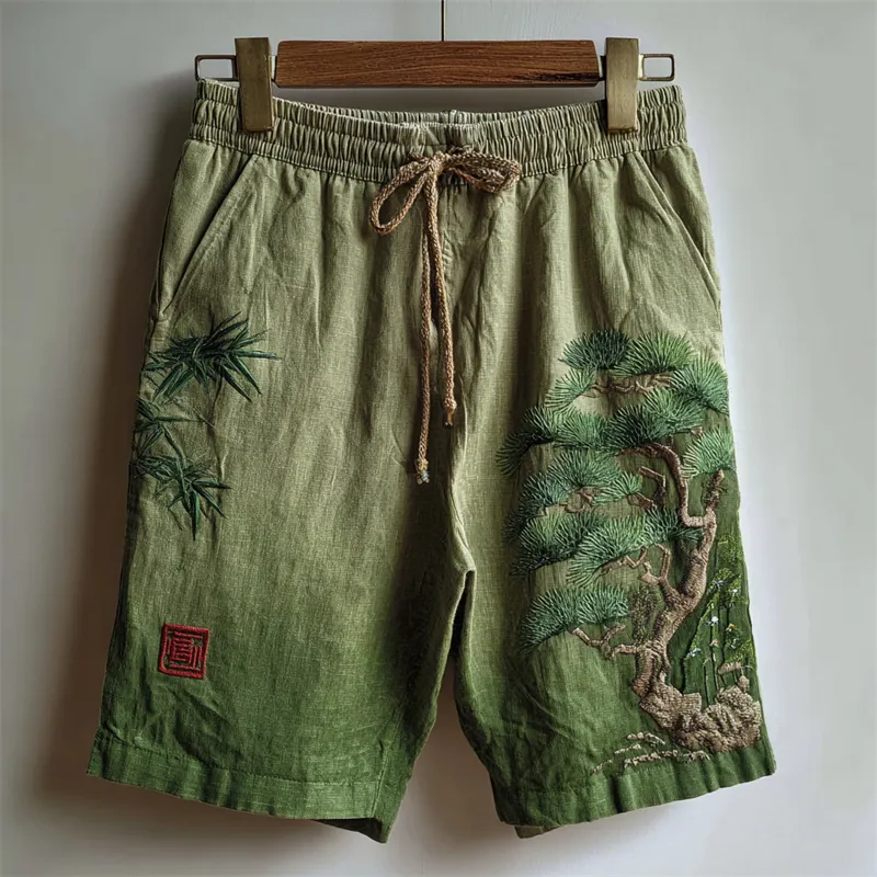 Japanese Bamboo & Pine Tree Embroidered Gradient Linen Shorts - Green