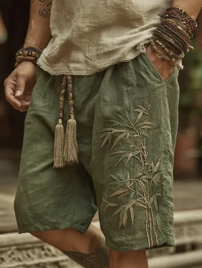 Japanese Bamboo Embroidery Art Linen Blend Casual Shorts - Grey