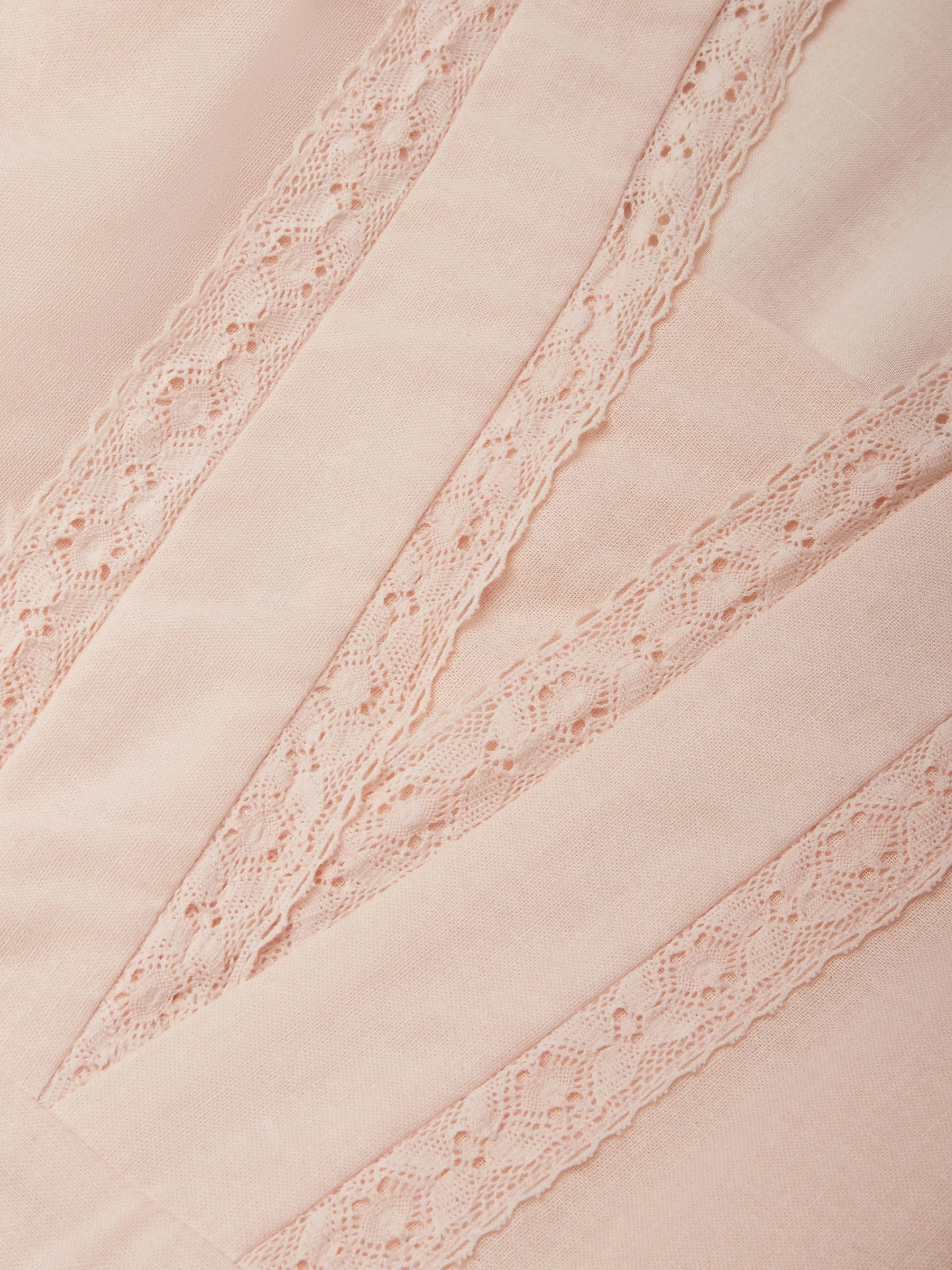 Linen Midi Dress, Short Sleeve, Lace Collar, Plain, Vintage, Light Pink - Light Pink