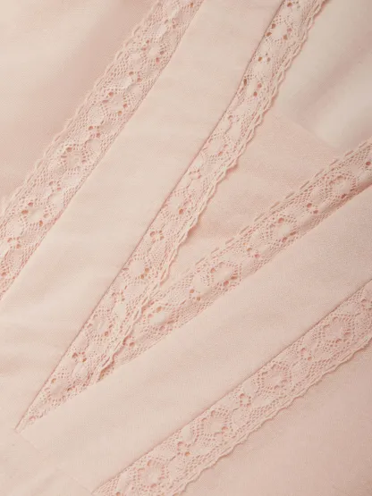 Linen Midi Dress, Short Sleeve, Lace Collar, Plain, Vintage, Light Pink - Light Pink