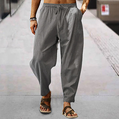 Men's Vintage Drawstring Casual Cotton Linen Pants - Black