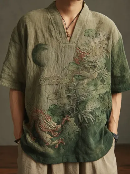 Men's Retro Landscape Embroidery Casual Short Sleeve Shirt - Green
