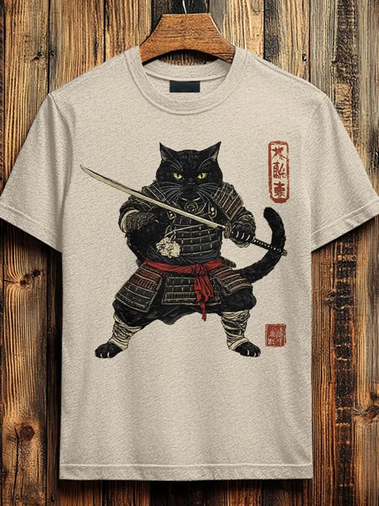 Men's Brave Cat Warrior Japanese Art Print Cotton Casual T-shirt - White