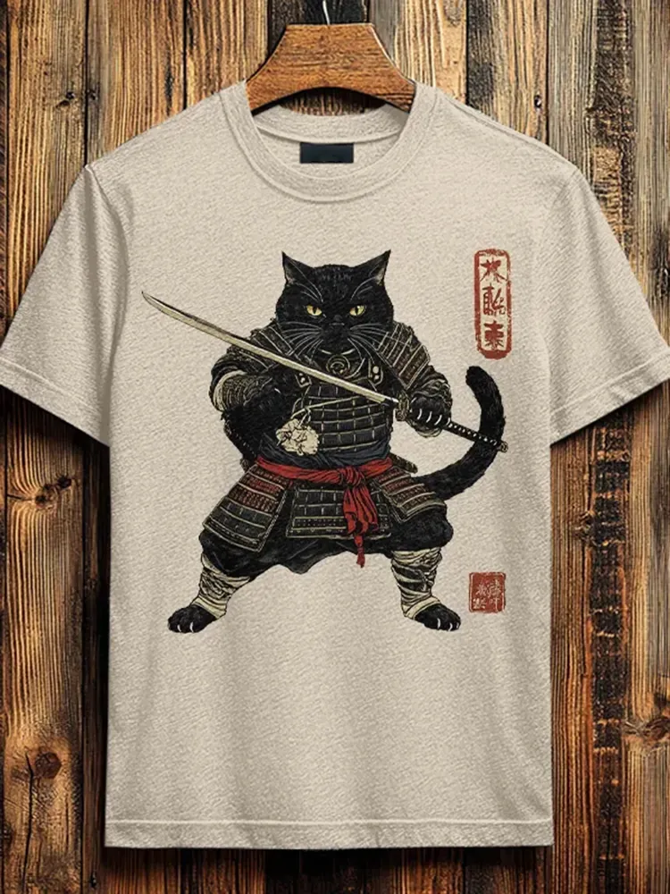 Men's Brave Cat Warrior Japanese Art Print Cotton Casual T-shirt - White