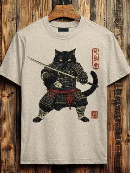 Men's Brave Cat Warrior Japanese Art Print Cotton Casual T-shirt - White