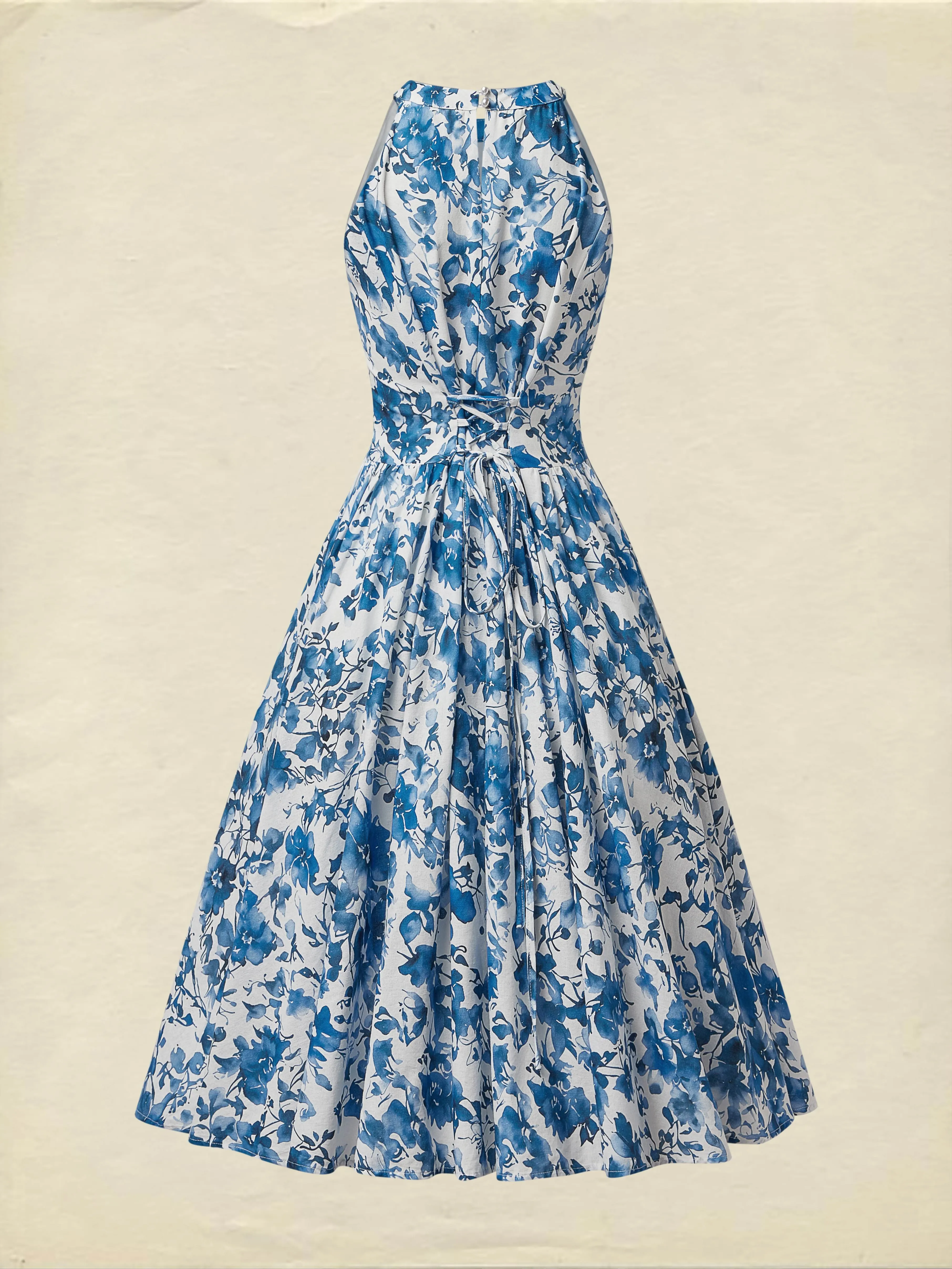 Midi Linen Dress , Sleeveless, Round Neck, Floral, Vacation, Vintage, Blue - Blue