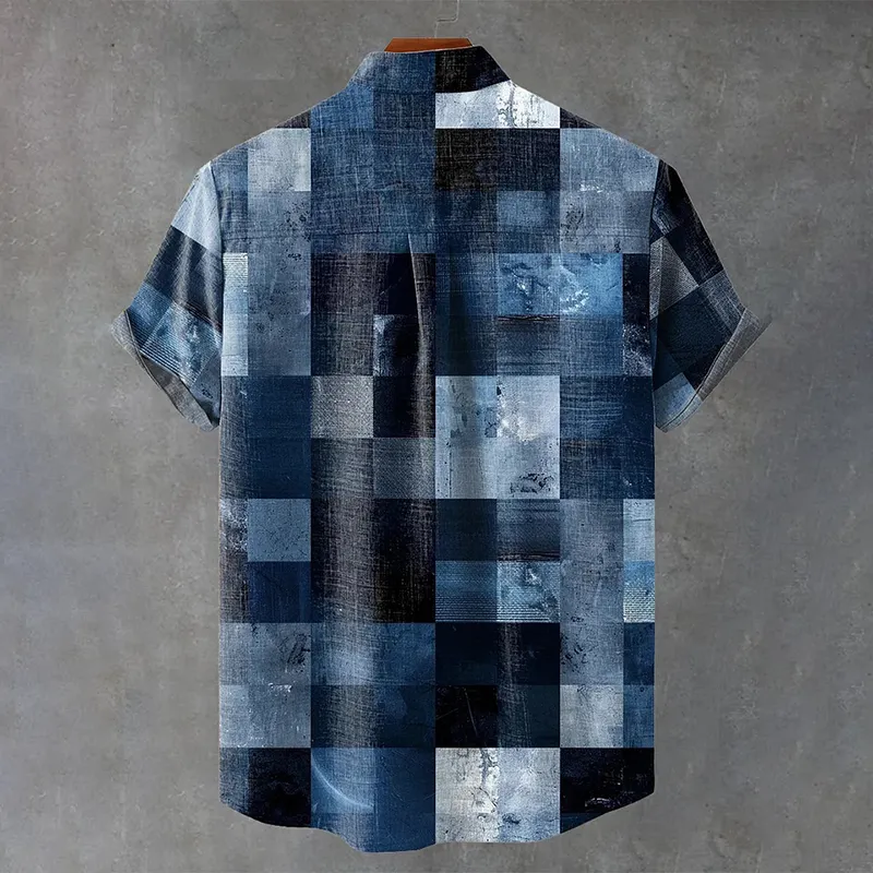Vintage Geometric Print Casual Cotton Shirt - Blue