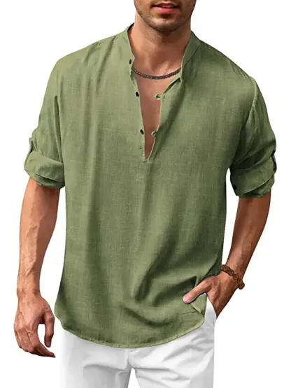 Men's Cotton Linen Casual Hippie Long Sleeve Shirt - Blue