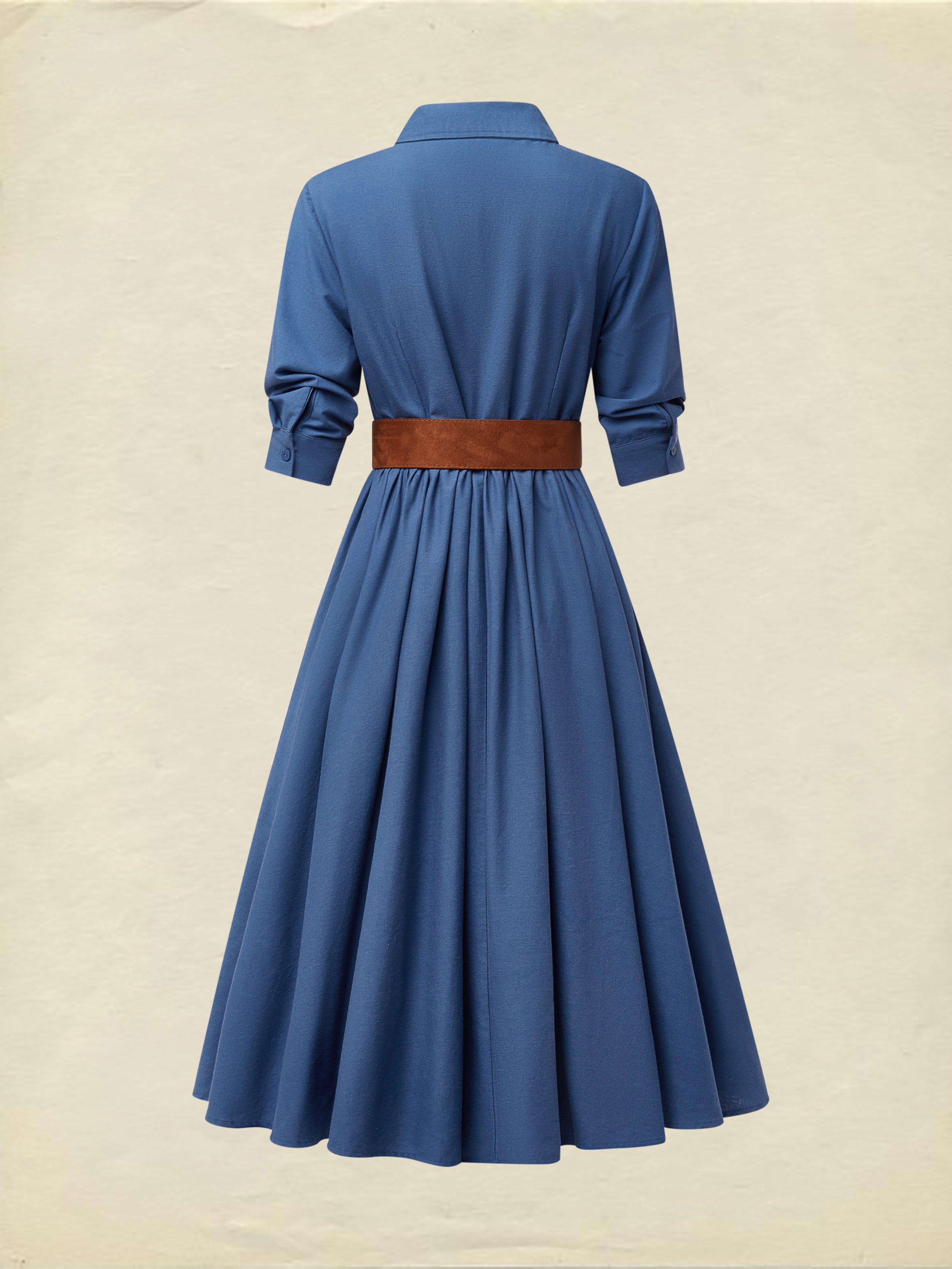 Midi Linen Dress, Half Sleeves, Shawl Collar, Plain, Button Design, Vintage, Dark_blue - Dark_blue