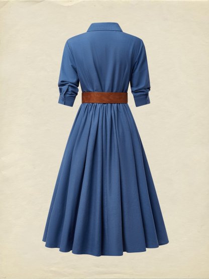 Midi Linen Dress, Half Sleeves, Shawl Collar, Plain, Button Design, Vintage, Dark_blue - Dark_blue