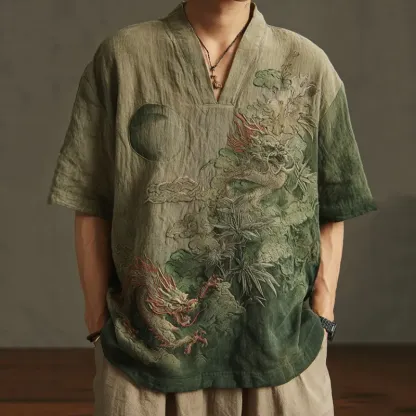 Men's Retro Landscape Embroidery Casual Short Sleeve Shirt - Green