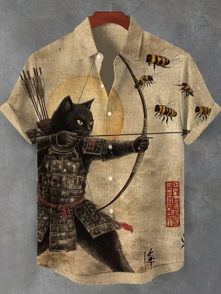 Men's Black Cat Tribal Warrior Japanese Kyudo Print Short Sleeve Shirt - Beige