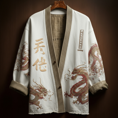 Japanese Art Style Men's Casual Cotton And Linen Cardigan - Grey