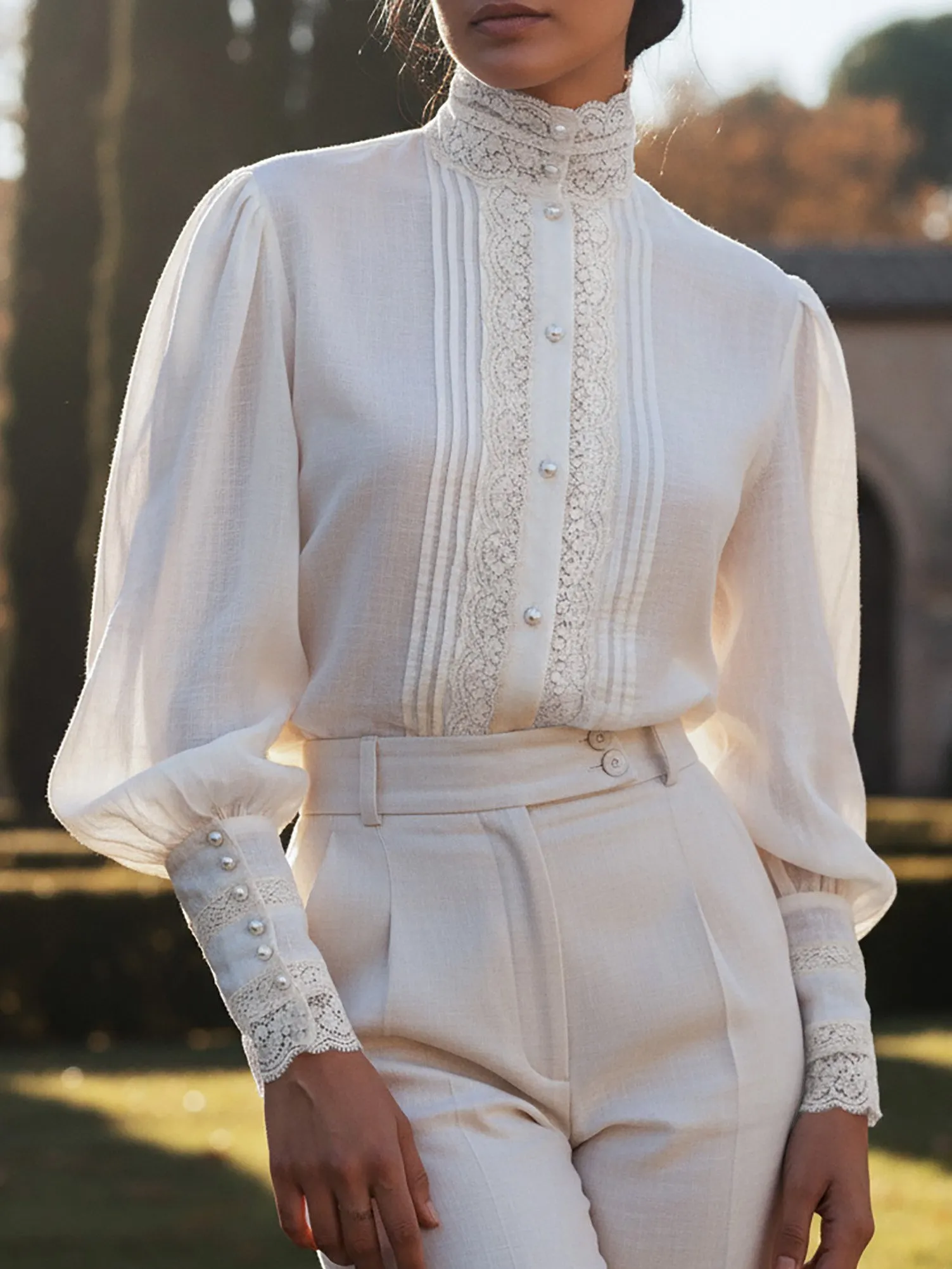 Linen Shirt, Long Sleeves, Stand Collar, Plain, Lace, Vintage, Ivory - Ivory