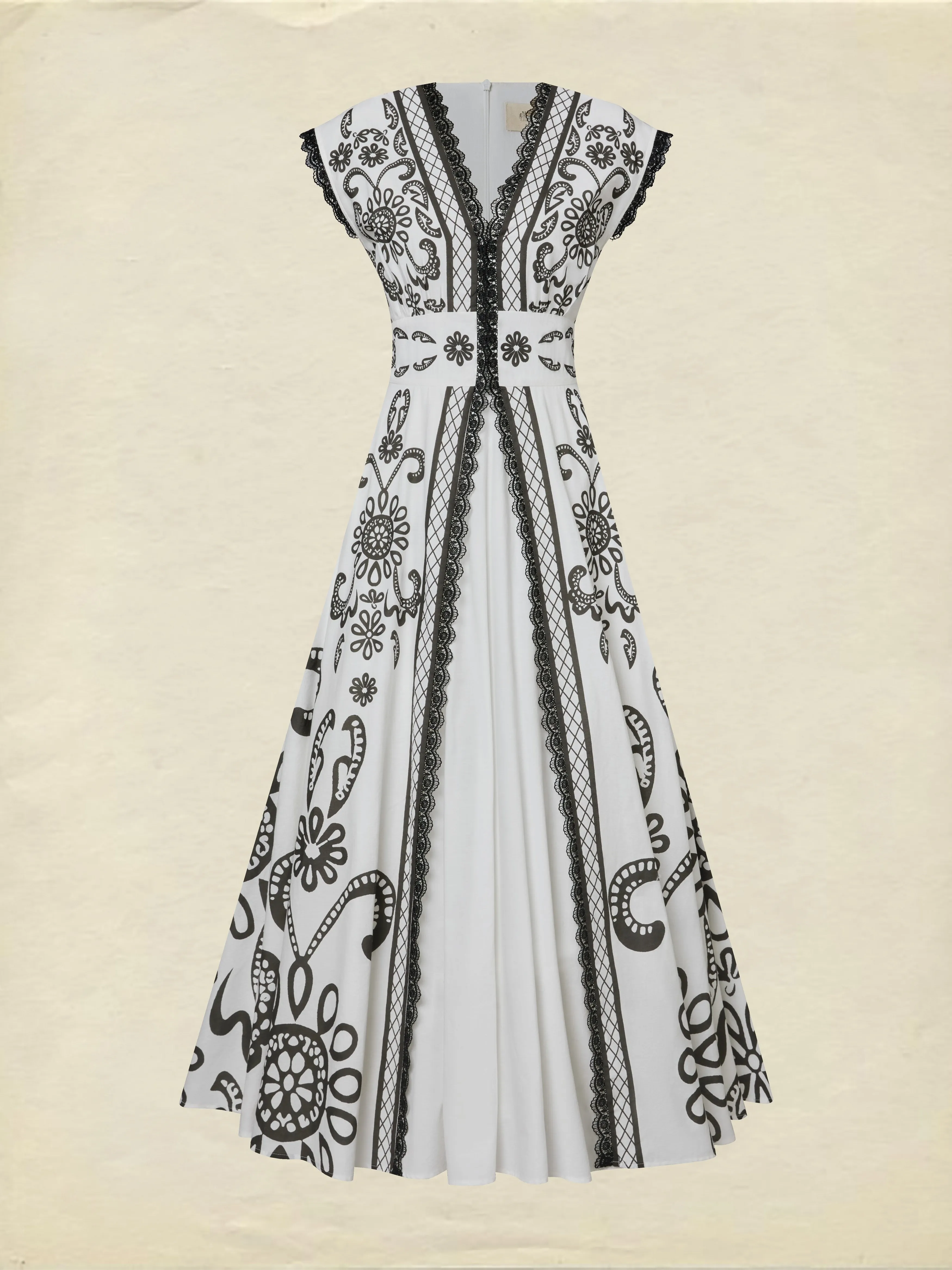 Maxi Cotton Dress, Cap Sleeves, V Neck, Paisley, Lace, Vacation, Vintage, White - White