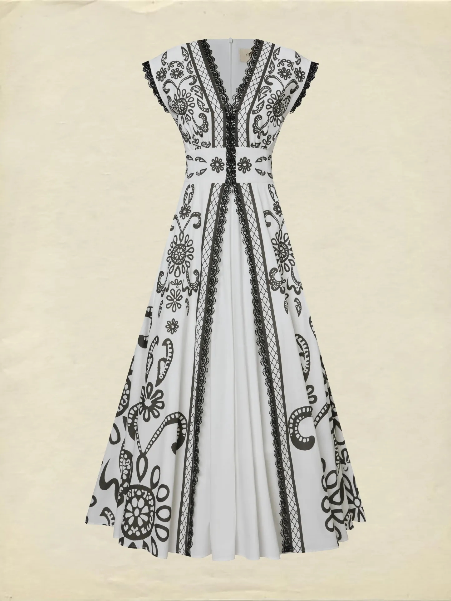 Maxi Cotton Dress, Cap Sleeves, V Neck, Paisley, Lace, Vacation, Vintage, White - White