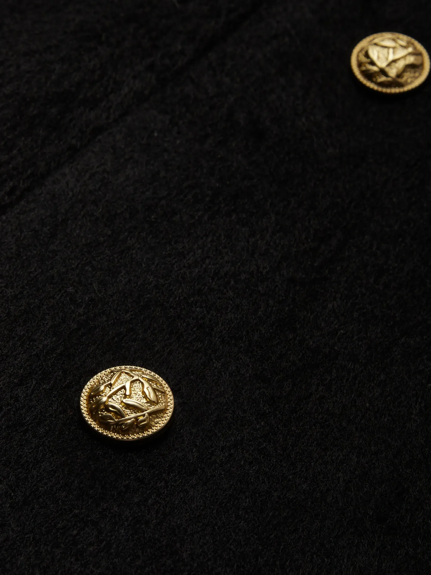 Wool Trench Coat, Long Sleeves, Lapel Collar, Plain, Button Design, Vintage, Black - Black