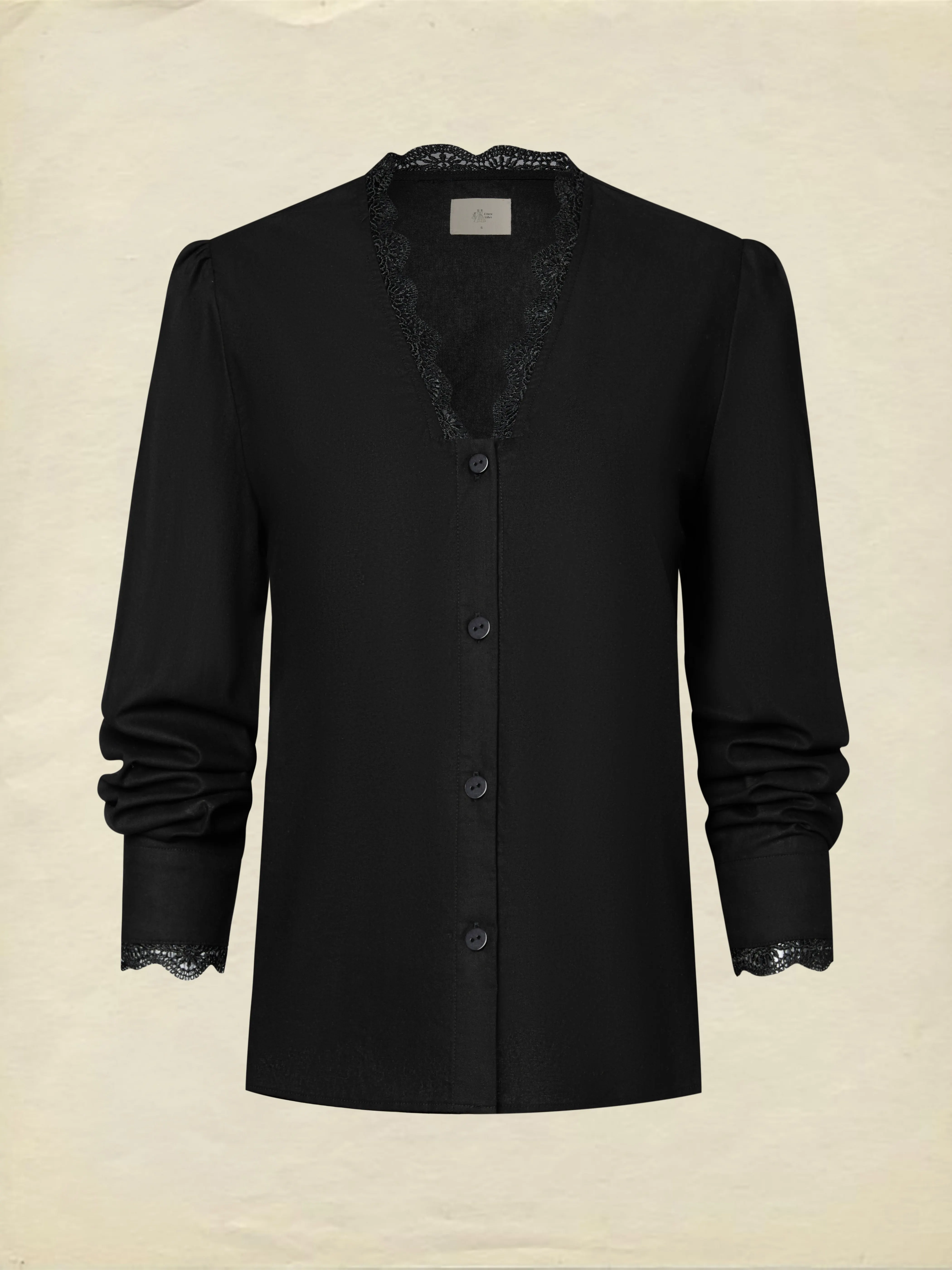 Linen Shirt, Half Sleeve, V Neck, Plain, Lace, French Vintage, Black - Black