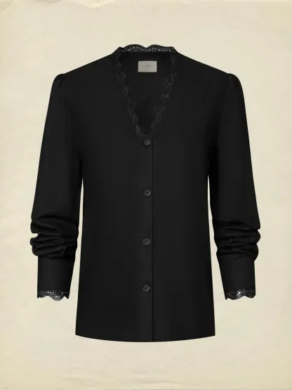 Linen Shirt, Half Sleeve, V Neck, Plain, Lace, French Vintage, Black - Black