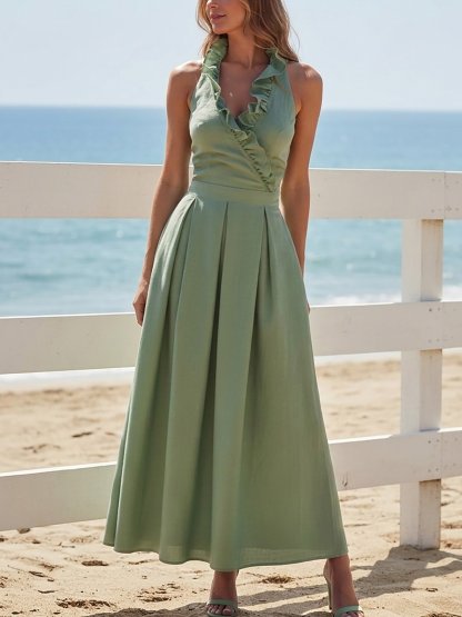 Maxi Linen Dress, Sleeveless, V Neck, Plain, Ruffles, French Vintage, Green - Green