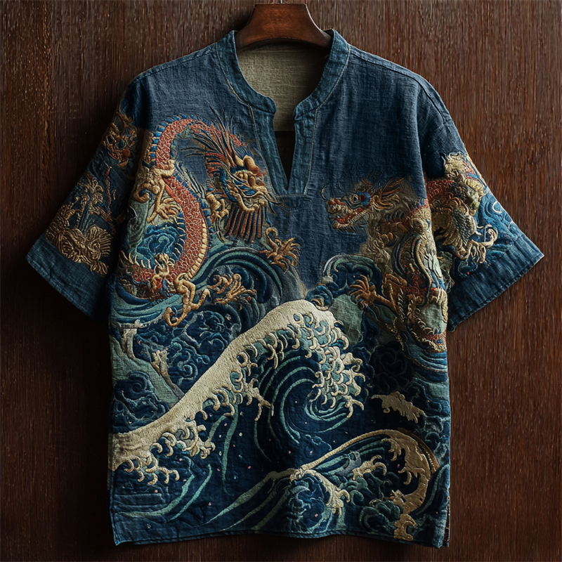 Sea Waves & Dragons Japanese Embroidered Linen Shirt - Black